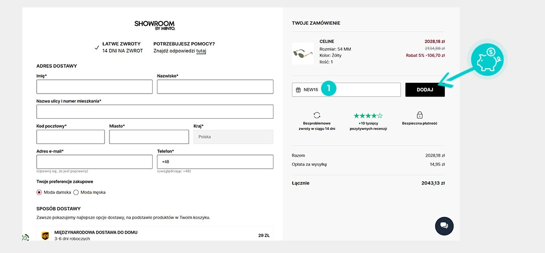 Instrukcja jak wpisać kod rabatowy w koszyku zakupownym Showroom