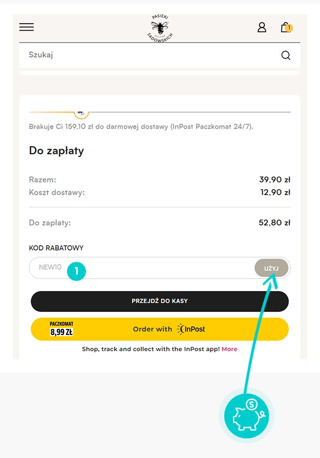Instrukcja jak wpisać kod rabatowy w koszyku zakupownym Pasieki Sadowskich
