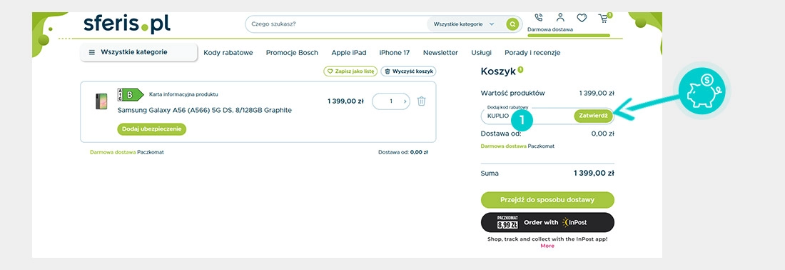 Instrukcja jak wpisać kod rabatowy w koszyku zakupownym Sferis