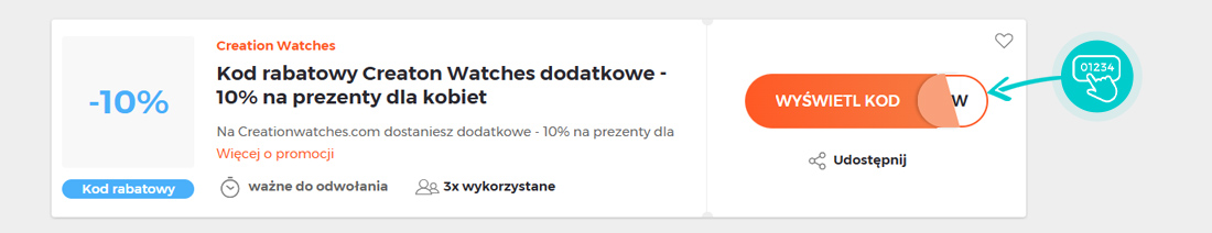 Przykład kodu rabatowego dla Creation Watches