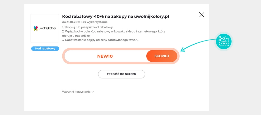 Instrukcja jak skopiować kod rabatowy dla Uwolnij Kolory
