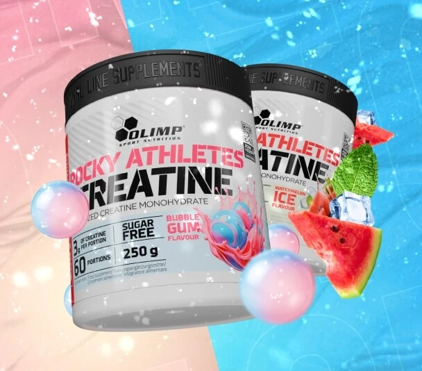 Kreatyna biało-czarnym opakowaniu i z arbuzem