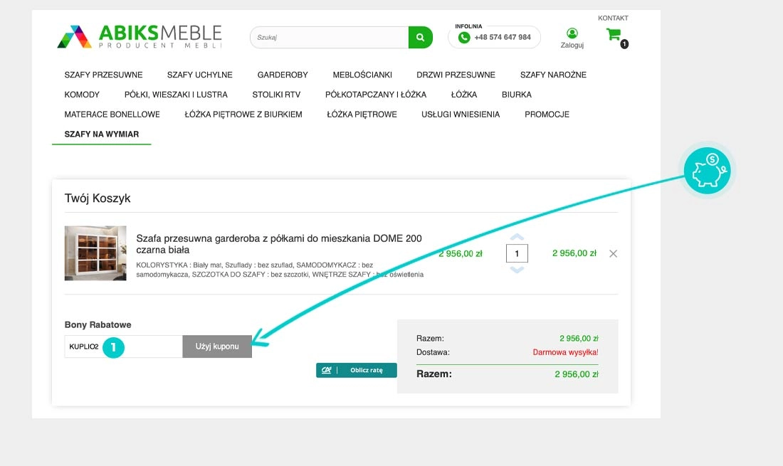Instrukcja jak wpisać kod rabatowy w koszyku zakupownym Abiks Meble