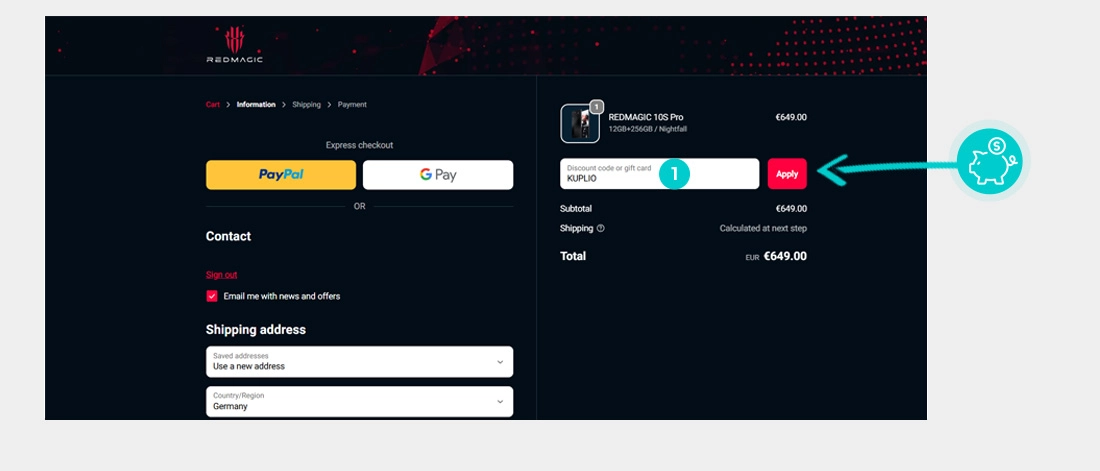 Instrukcja jak wpisać kod rabatowy w koszyku zakupownym RedMagic
