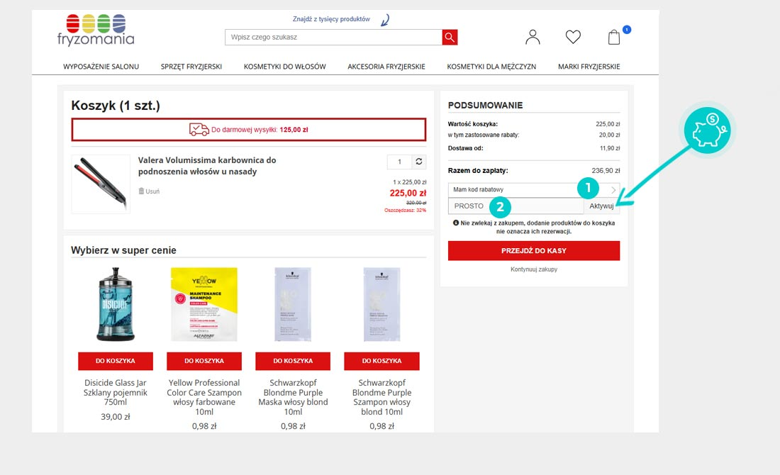 Instrukcja jak wpisać kod rabatowy w koszyku zakupownym Fryzomania