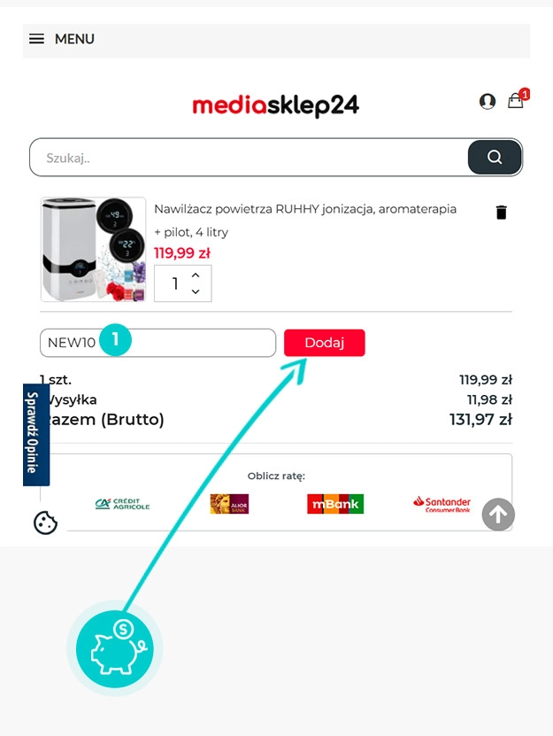 Instrukcja jak wpisać kod rabatowy w koszyku zakupownym Mediasklep24