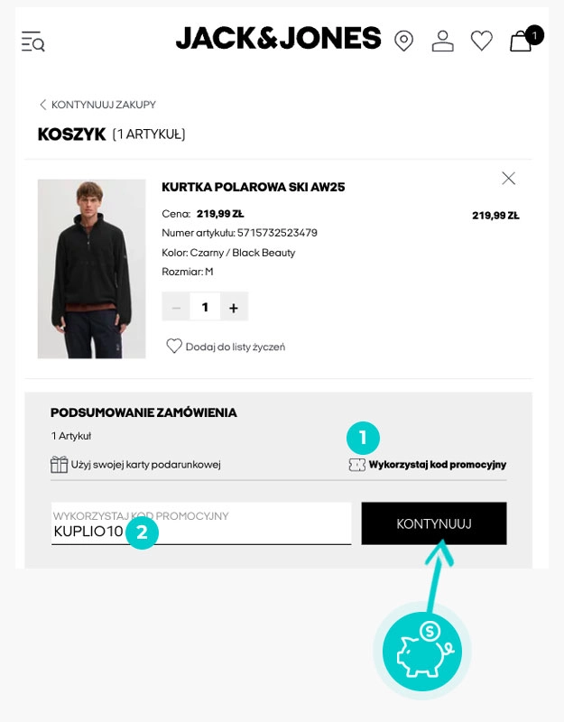 Instrukcja jak wpisać kod rabatowy w koszyku zakupownym Jack & Jones