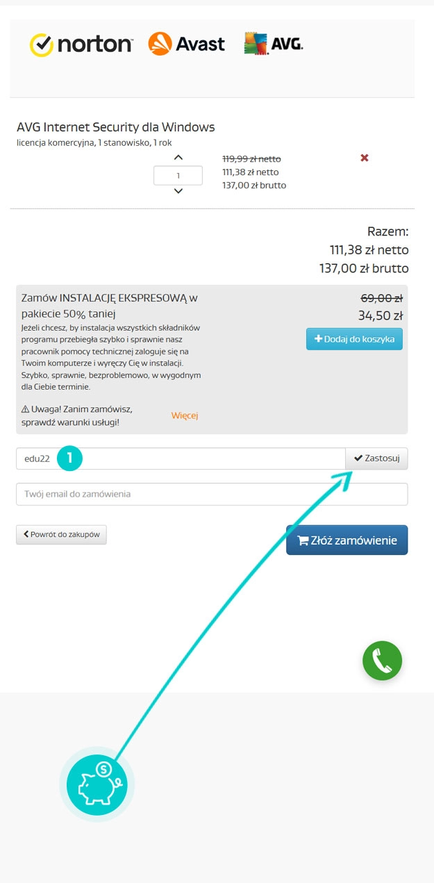 Instrukcja jak wpisać kod rabatowy w koszyku zakupownym AVG