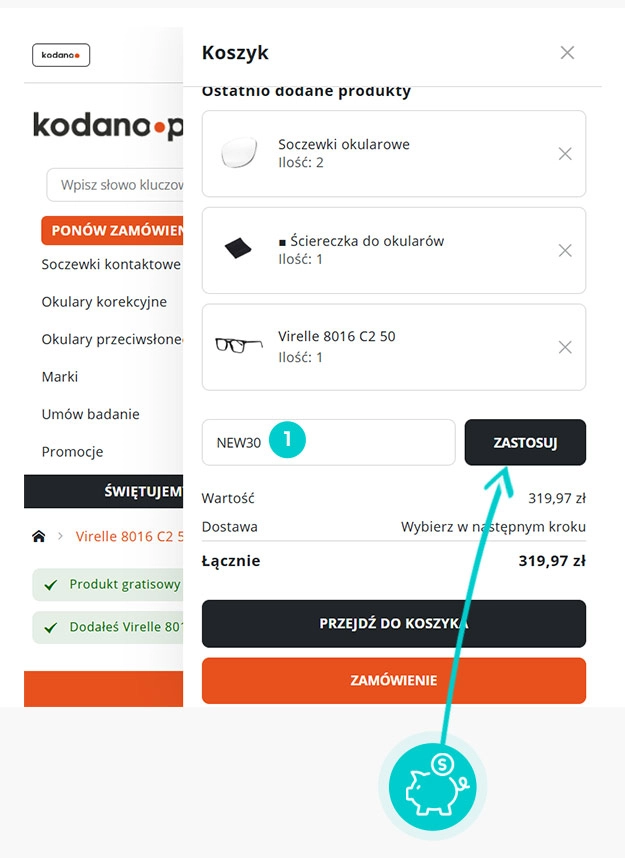 Instrukcja jak wpisać kod rabatowy w koszyku zakupownym Kodano