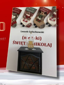 Książka o świętym Mikołaju z białą okładką na czerwonym tle