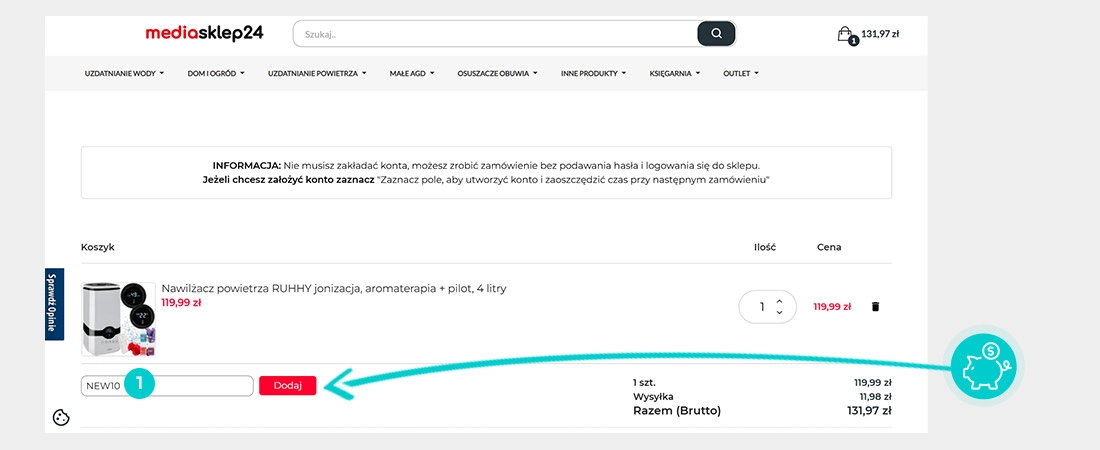 Instrukcja jak wpisać kod rabatowy w koszyku zakupownym Mediasklep24