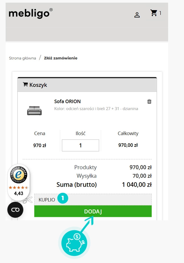Instrukcja jak wpisać kod rabatowy w koszyku zakupownym Mebligo