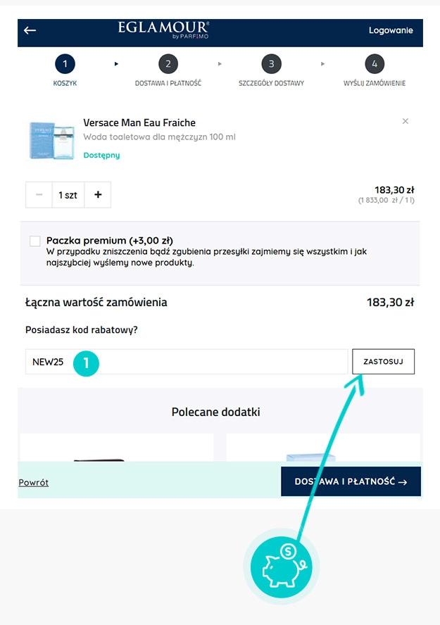 Instrukcja jak wpisać kod rabatowy w koszyku zakupownym e-Glamour