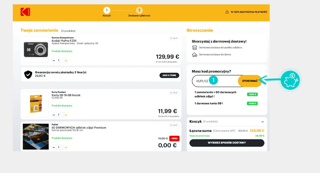 Instrukcja jak wpisać kod rabatowy w koszyku zakupownym Kodak