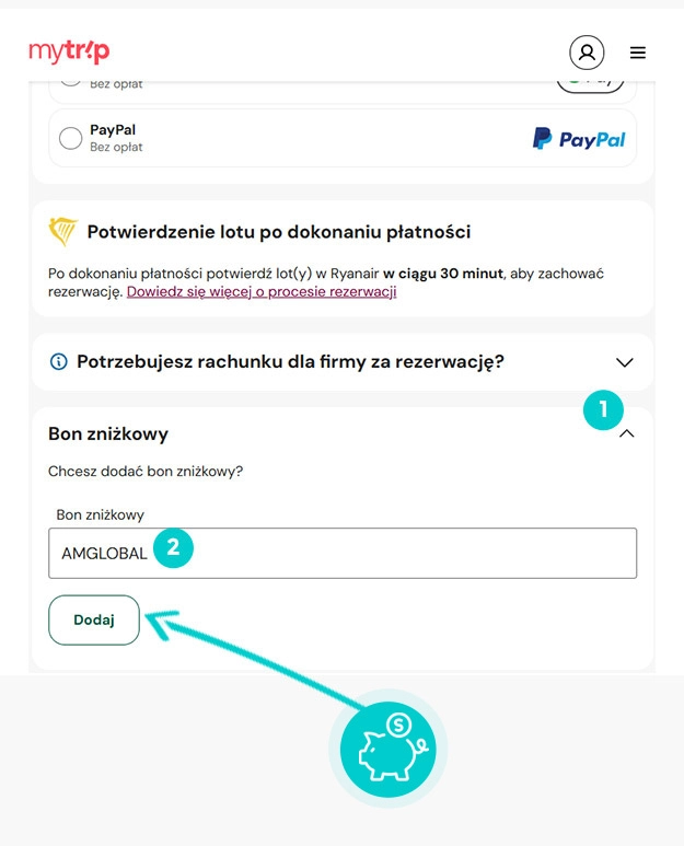 Instrukcja jak wpisać kod rabatowy w koszyku zakupownym MyTrip