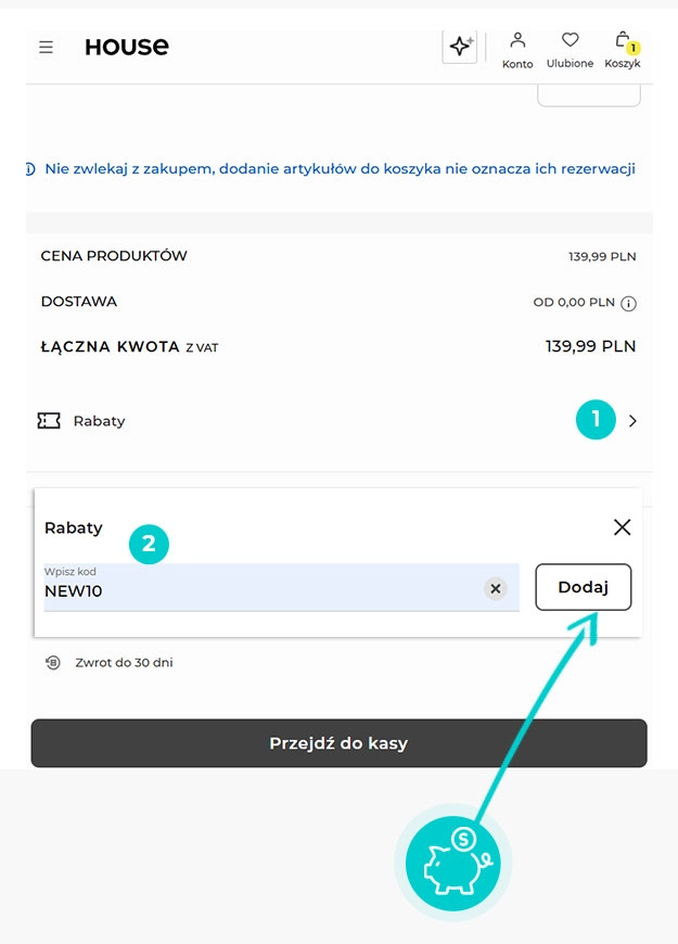 Instrukcja jak wpisać kod rabatowy w koszyku zakupownym House