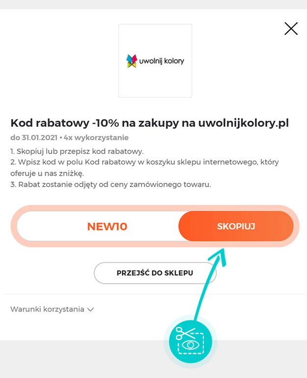 Instrukcja jak skopiować kod rabatowy dla Uwolnij Kolory