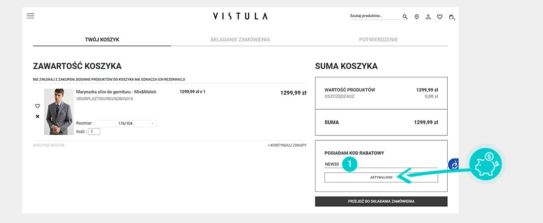 Instrukcja jak wpisać kod rabatowy w koszyku zakupownym Vistula