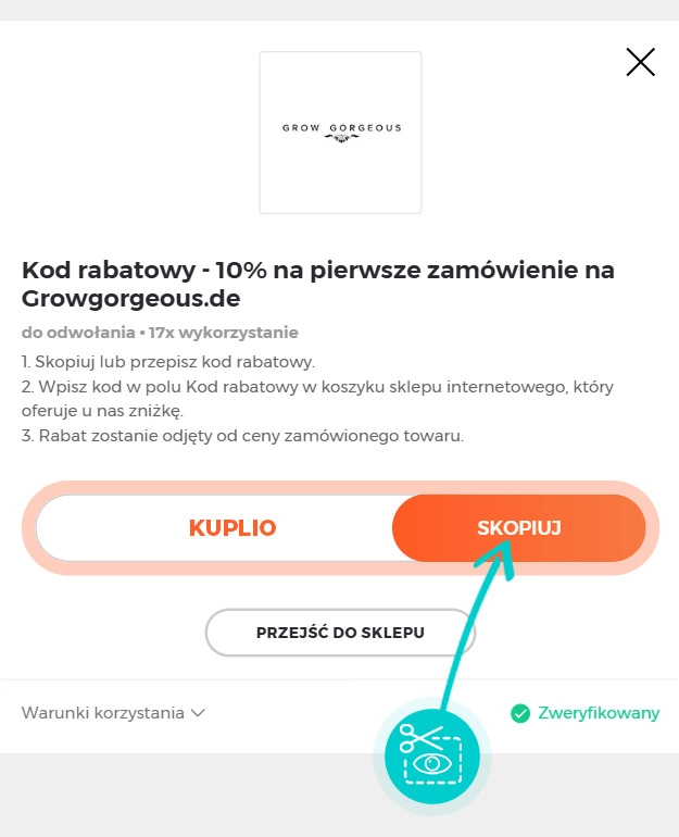 Instrukcja jak skopiować kod rabatowy dla Grow Gorgeous