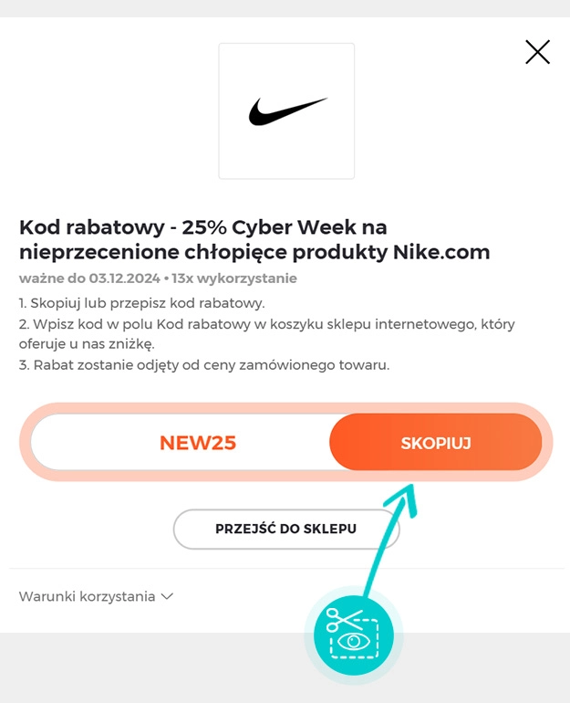 Instrukcja jak skopiować kod rabatowy dla Nike