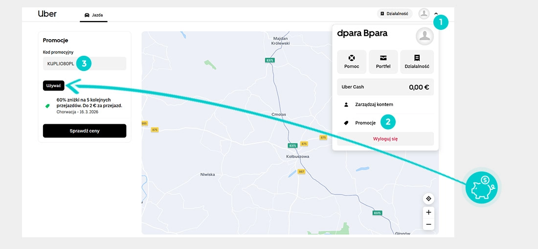 Instrukcja jak wpisać kod rabatowy w koszyku zakupownym Uber