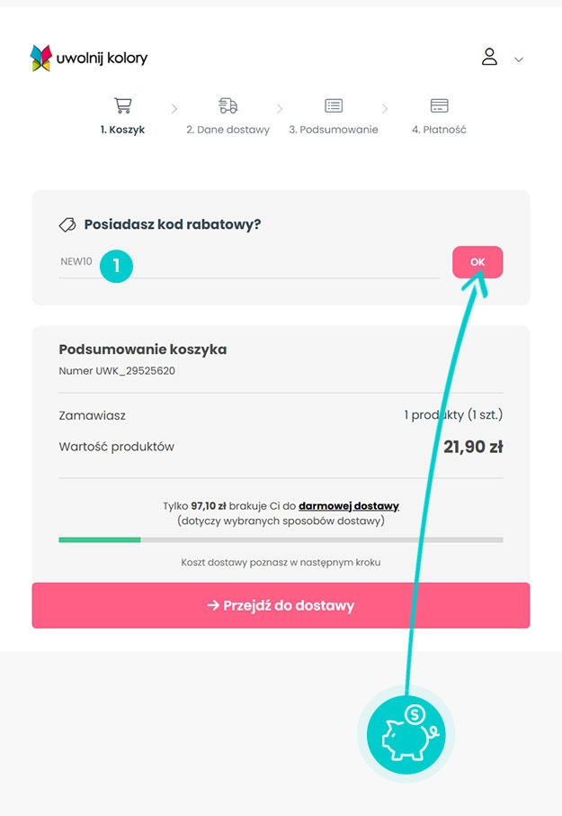 Instrukcja jak wpisać kod rabatowy w koszyku zakupownym Uwolnij Kolory