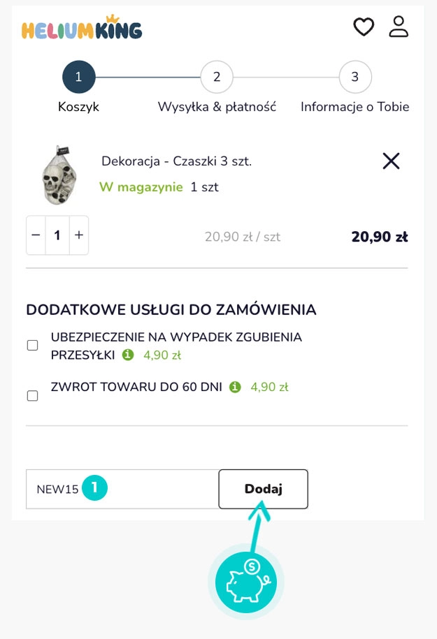 Instrukcja jak wpisać kod rabatowy w koszyku zakupownym HeliumKing