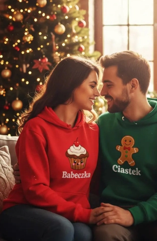 Mężczyzna i kobieta w czerwonej i zielonej bluzie z grafikami