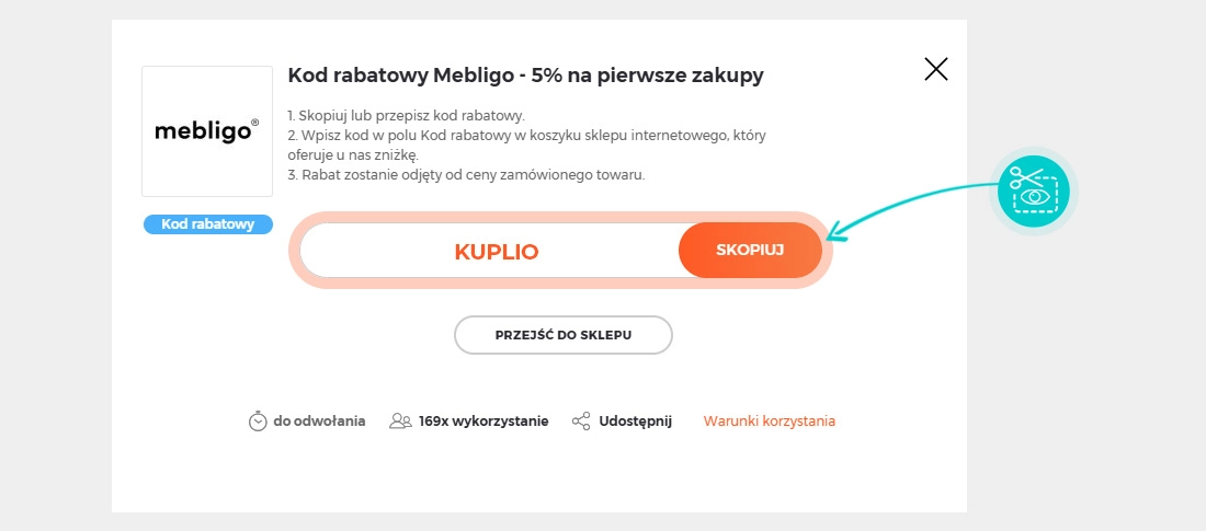 Instrukcja jak skopiować kod rabatowy dla Mebligo