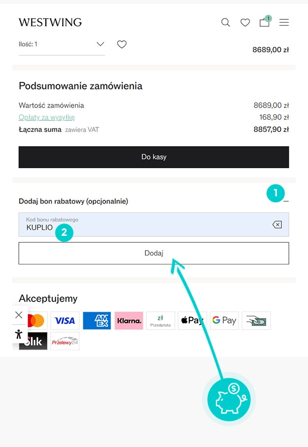 Instrukcja jak wpisać kod rabatowy w koszyku zakupownym Westwing