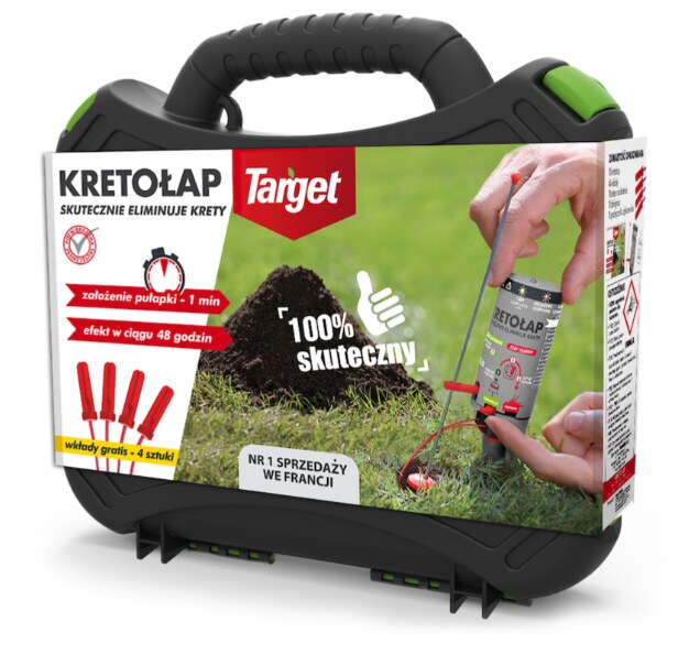 Łapka na krety w czarnej walizce z obrazkiem