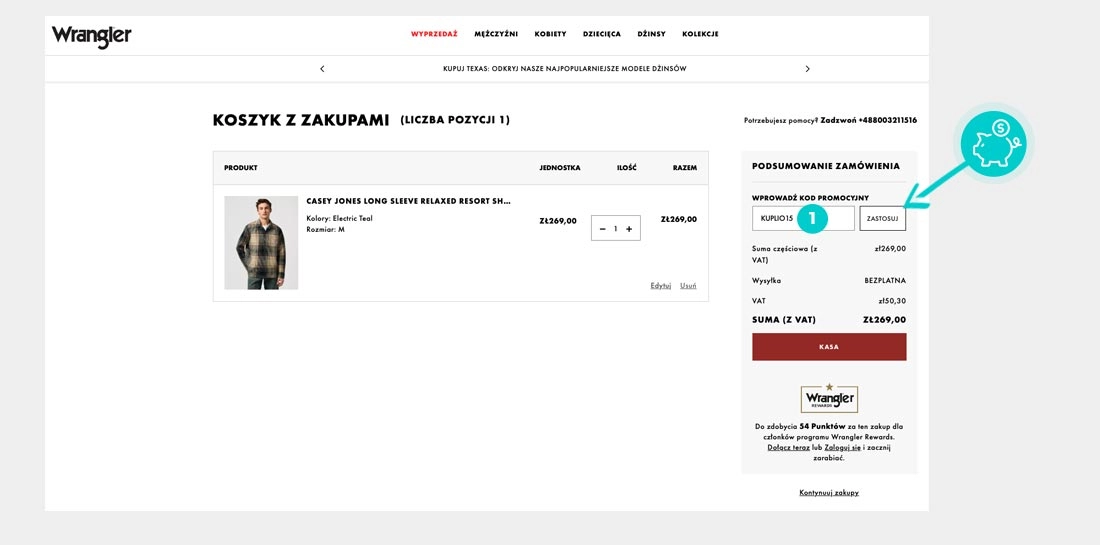 Instrukcja jak wpisać kod rabatowy w koszyku zakupownym Wrangler