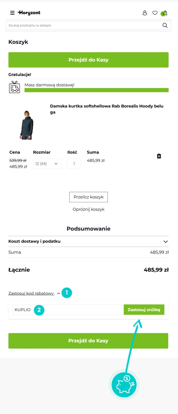 Instrukcja jak wpisać kod rabatowy w koszyku zakupownym Horyzont