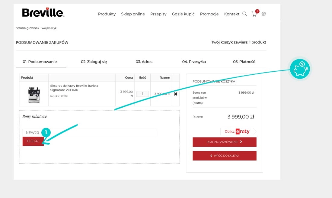 Instrukcja jak wpisać kod rabatowy w koszyku zakupownym Breville