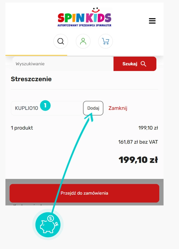 Instrukcja jak wpisać kod rabatowy w koszyku zakupownym Spinkids