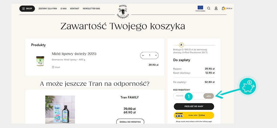 Instrukcja jak wpisać kod rabatowy w koszyku zakupownym Pasieki Sadowskich