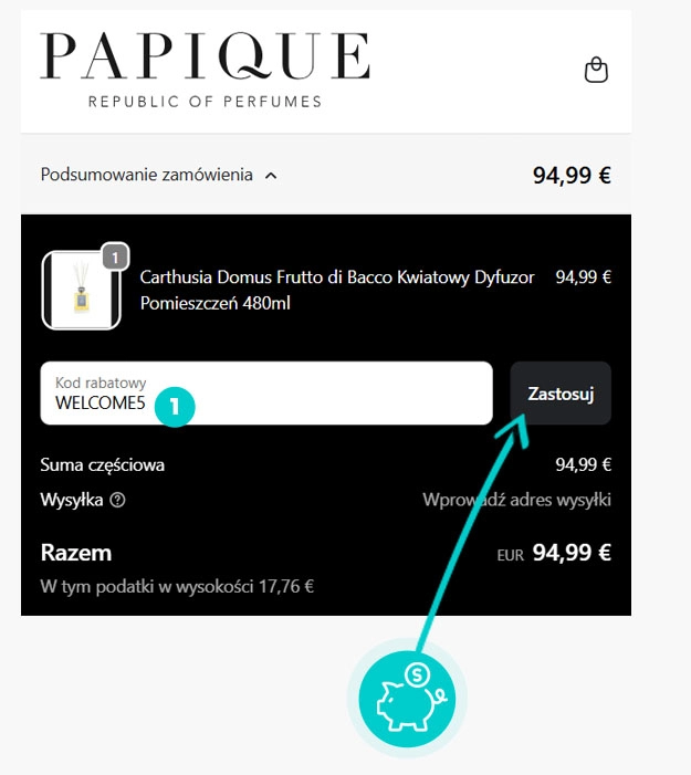 Instrukcja jak wpisać kod rabatowy w koszyku zakupownym Papique