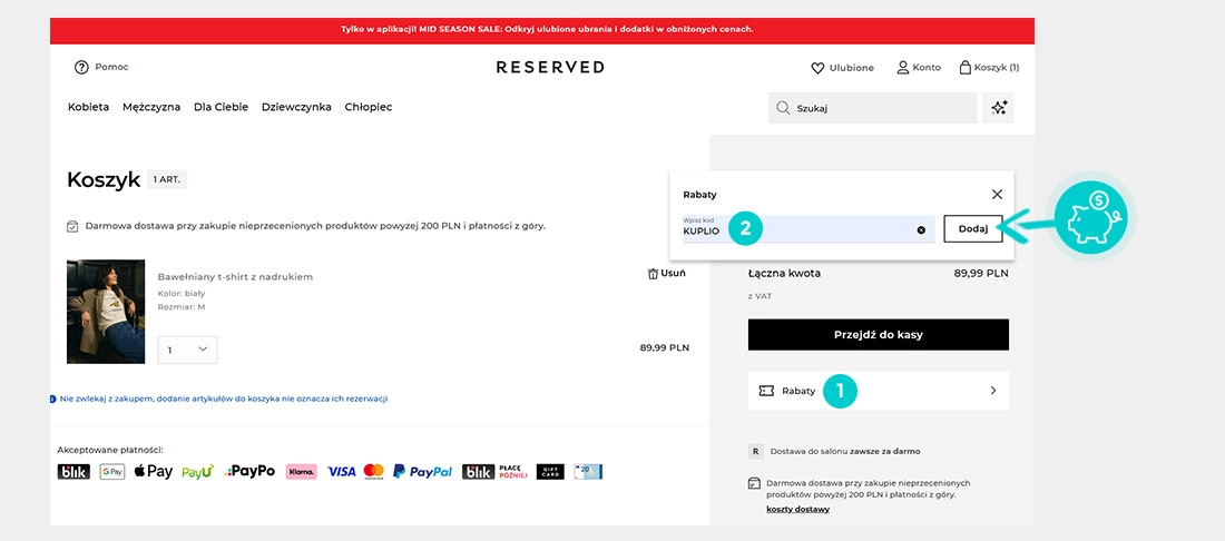 Instrukcja jak wpisać kod rabatowy w koszyku zakupownym Reserved