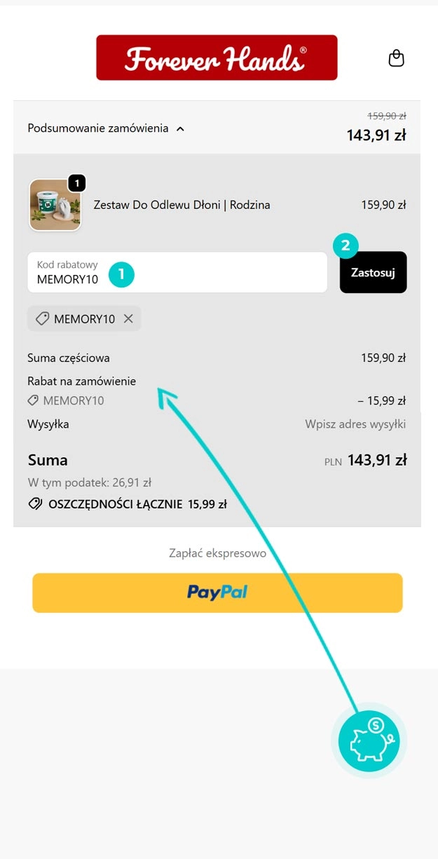 Instrukcja jak wpisać kod rabatowy w koszyku zakupownym Forever Hands