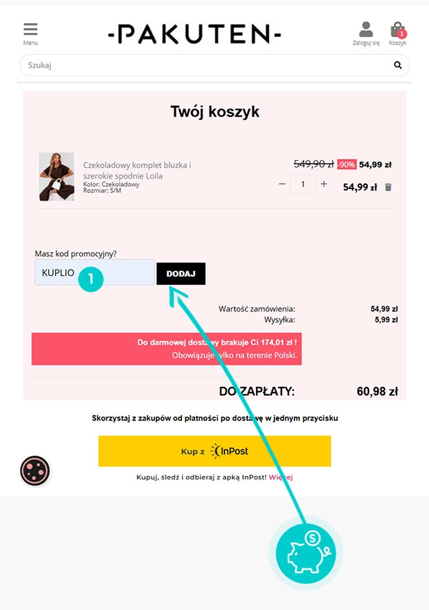 Instrukcja jak wpisać kod rabatowy w koszyku zakupownym Pakuten