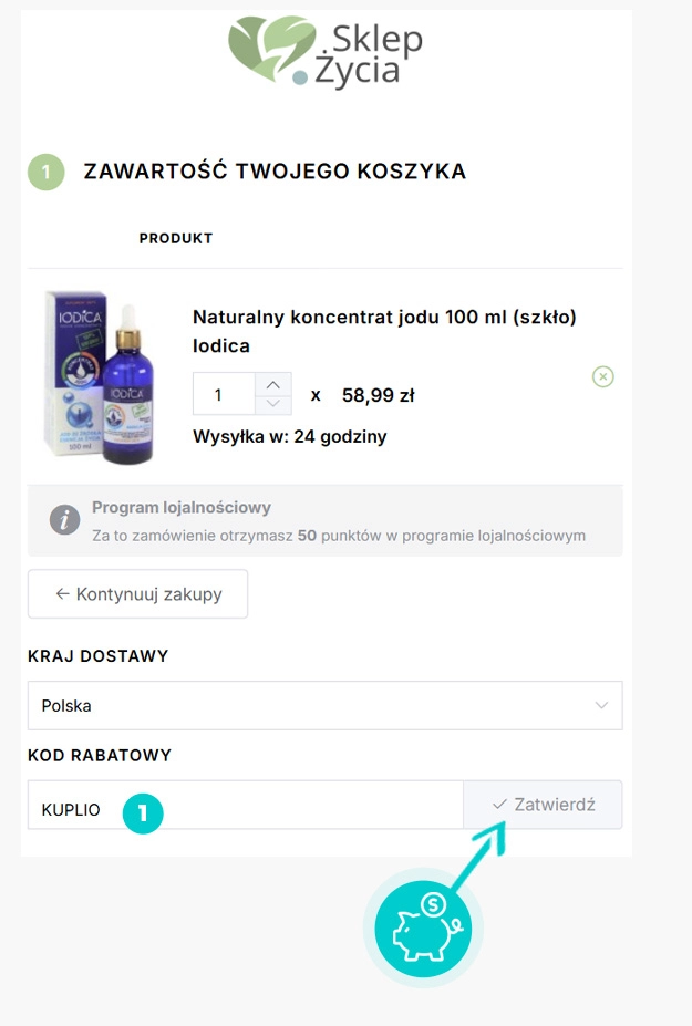 Instrukcja jak wpisać kod rabatowy w koszyku zakupownym Sklep Życia