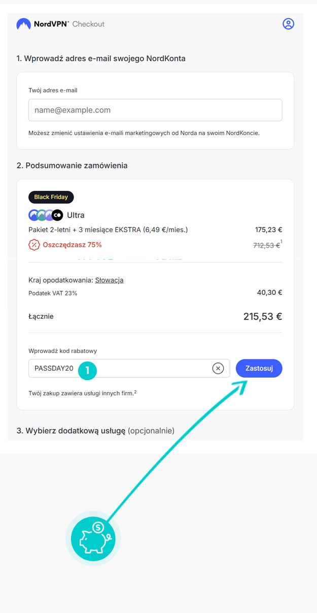 Instrukcja jak wpisać kod rabatowy w koszyku zakupownym Nord VPN