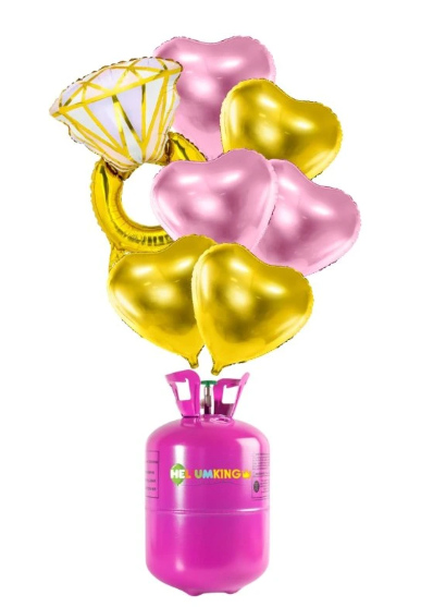 Żółto-różowe balony w kształcie serc i pierścionka oraz butla z helem