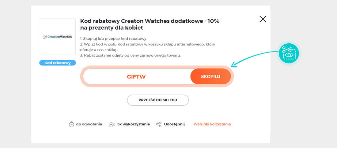 Instrukcja jak skopiować kod rabatowy dla Creation Watches