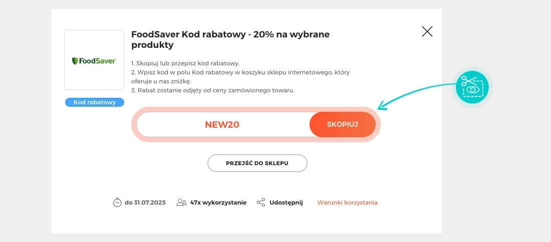 Instrukcja jak skopiować kod rabatowy dla FoodSaver