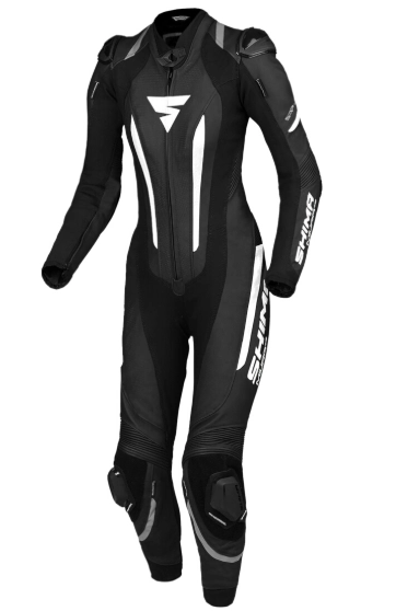 Strój motocyklowy w kolorze czarnym z białymi ozdobnikami
