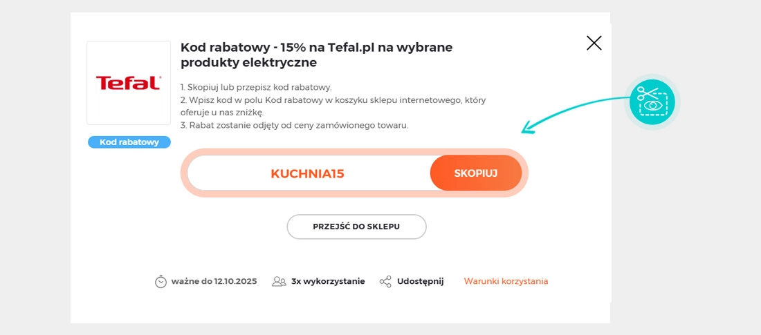 Instrukcja jak skopiować kod rabatowy dla Tefal