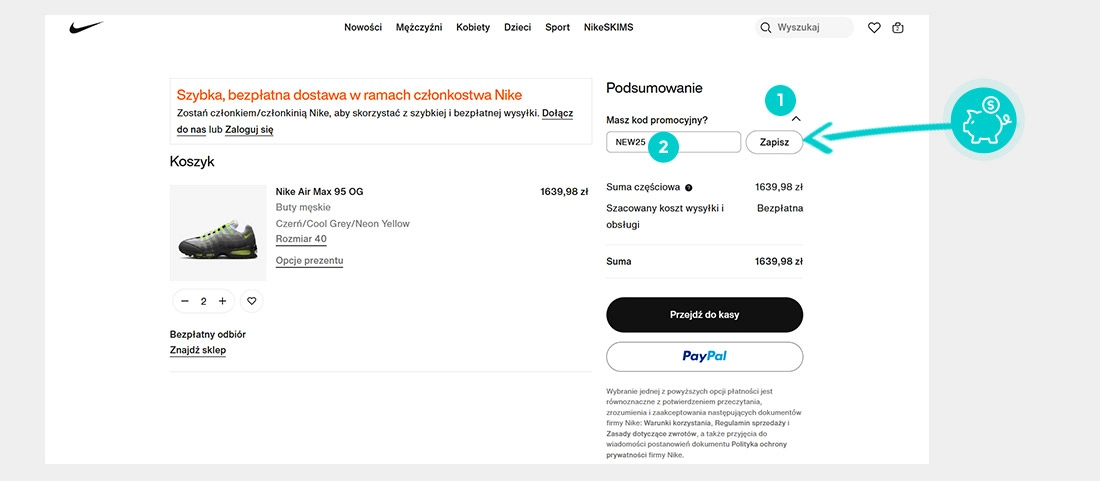 Instrukcja jak wpisać kod rabatowy w koszyku zakupownym Nike