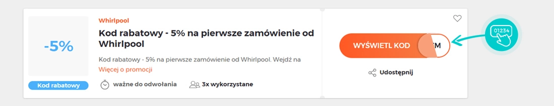 Przykład kodu rabatowego dla Whirlpool