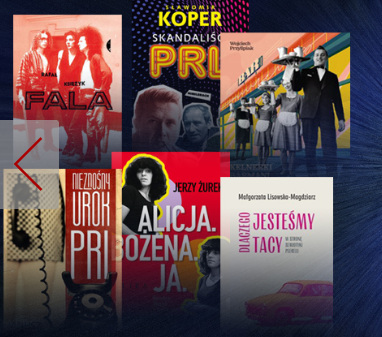 Zbiór książek dotyczących PRL na granatowym tle